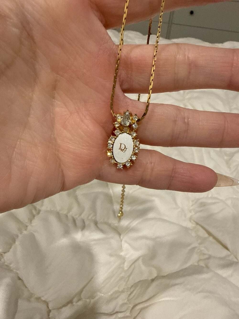 Vintage Christian Dior Gold Tone Oval Rhinestone Medallion Pendant Necklace